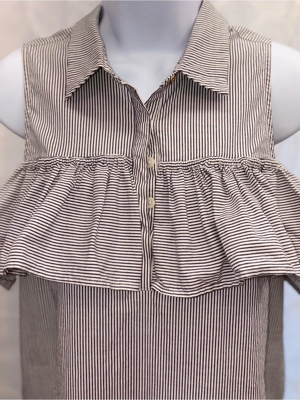Michael Michael Kors Cotton Striped Cold-Shoulder Ruffle Blouse Preppy Chic S